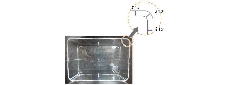 四角型容器のコーナー部の薄肉化によるソリ防止