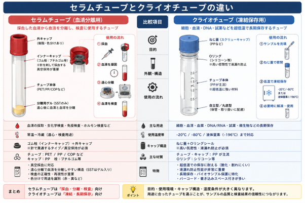 セラムチューブとクライオチューブの違いとは？用途別の選び方を解説